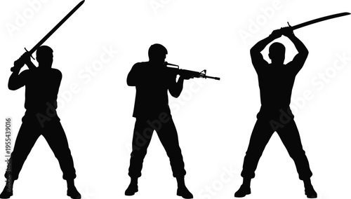 Armed silhouettes with sword and rifle, combat poses concept, military and warrior figures, defense and attack actions isolated on white