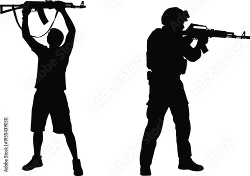 Armed soldier aiming rifle confronting raised weapon silhouette, military conflict concept, threat and control situation, defense forces isolated on white background