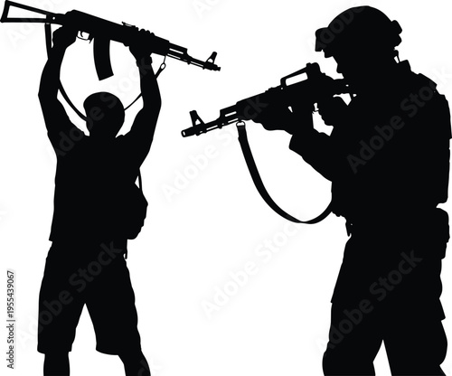 Armed soldier confronting suspect silhouette, military or security operation concept, threat and surrender scene, combat situation isolated on white background