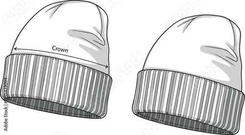 Beanie hat front and side view winter knit cap apparel mockup vector illustration black and white line art design