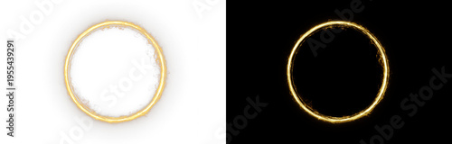 Abstract golden fire portal ring with glowing orange light, sparks, and smoke, creating a powerful energy effect. Isolated PNG overlay on split background, perfect for fantasy and dramatic visuals.