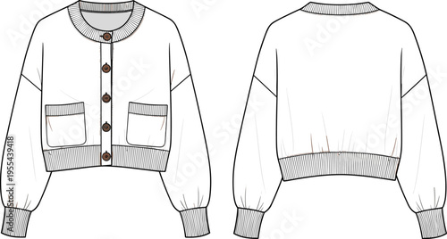 Cropped cardigan sweater technical drawing front and back view knitwear buttoned pockets women fashion vector apparel design template