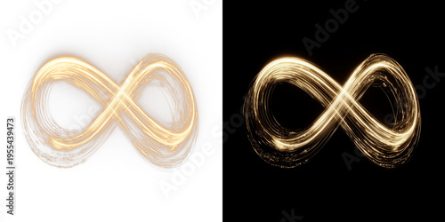 Golden neon infinity sign created with smooth wave lines, glowing reflections and dynamic light flow on split background.
