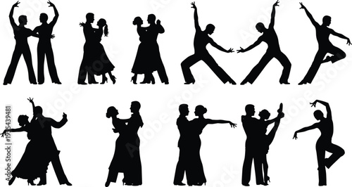 Dance silhouettes collection, couple dancing poses, ballroom performance, romantic dance, artistic movement, elegant figures, choreography, isolated black silhouettes, entertainment, passion