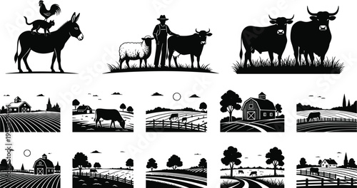 Black and white vector farm illustrations with animals, barns, rural landscapes, farmers, countryside scenes, agriculture silhouettes