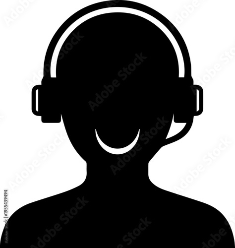 Minimal black silhouette of customer support agent with headset, flat vector