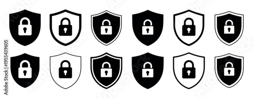Lock and unlock vector icons with checkmark and cross symbols, shield protection elements, outline and solid styles, black and white privacy security illustration