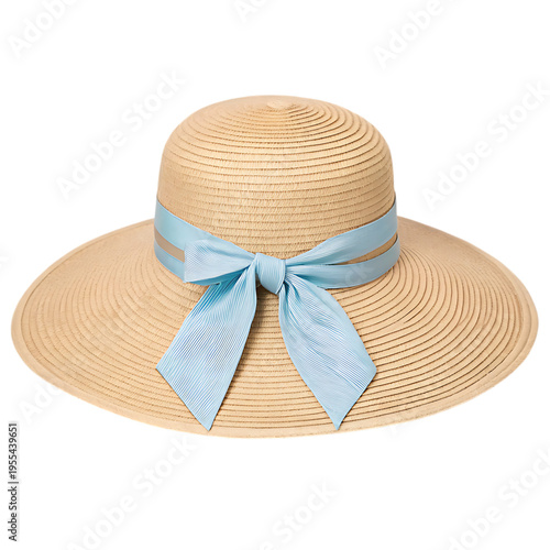Elegant Wide-Brimmed Straw Sun Hat with Light Blue Ribbon Bow isolated on transparent background