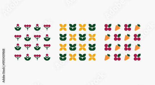 Abstract geometric shapes, modern geometric elements, fruits, leaves, and trees.(vector)