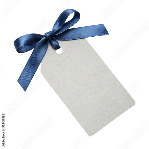Elegant Blank Gift Tag Tied with a Rich Blue Satin Ribbon isolated on transparent background