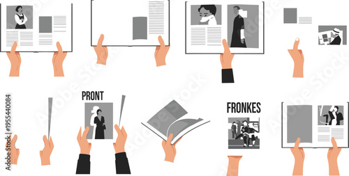 Hands holding magazines and newspapers set with reading print media vector illustration