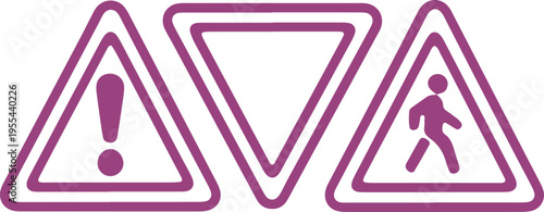Three triangular warning signs with distinct icons for caution, pedestrian crossing, and alert