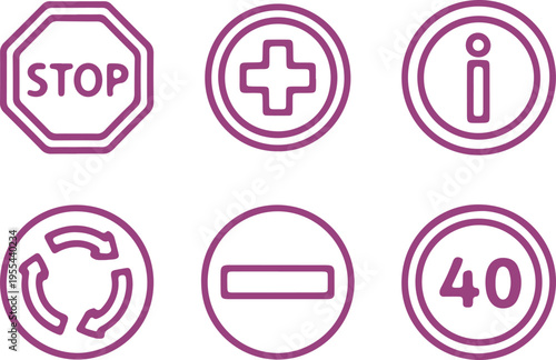 Collection of six distinct traffic and information symbols in a purple outline style