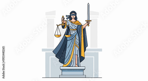 Justitia goddess of justice holding scales and sword standing on pedestal with columns