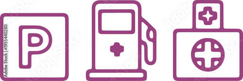 Icons representing parking, refueling, and first aid services