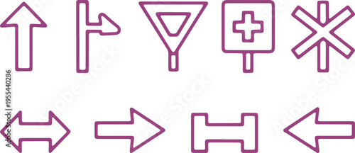 Collection of various directional and traffic control symbols in purple outline