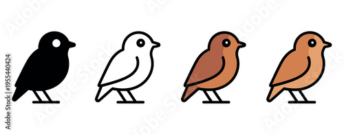 Nightingale bird vector icon set featuring same pose and proportions in four styles, black solid, glyph outline, minimal flat, multicolor cartoon shaded illustration