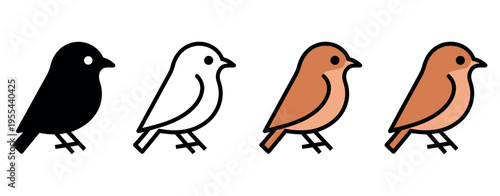 Nightingale bird icon set with consistent pose and proportions in black solid, outline, flat and multicolor shaded styles, clean vector illustration