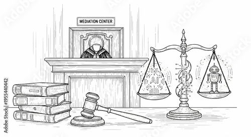 Lawyer's office with judge behind desk books gavel and scales of justice on table