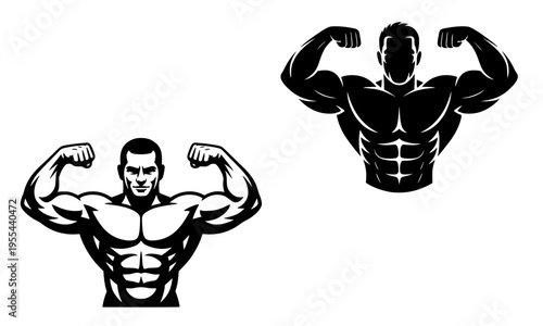 Muscular bodybuilder flexing both arms in front and back pose, bold black and white vector silhouette illustration perfect for gym logos, fitness brands, strength training and sports design
