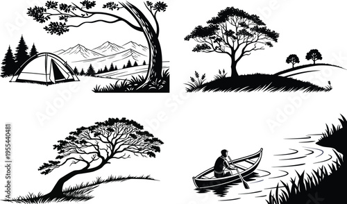 Black and white illustrations of outdoor scenes with trees camping and boating