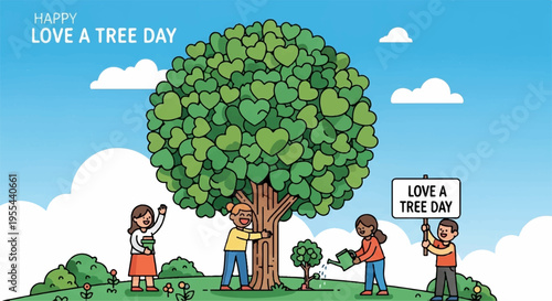 Happy people planting and loving a tree on love a tree day outdoors