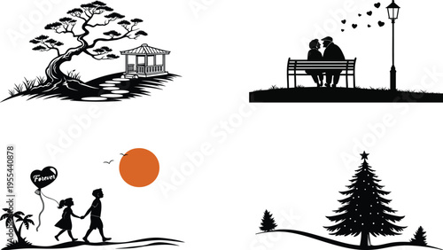 Four black and white illustrations of outdoor scenes with people trees and landscapes