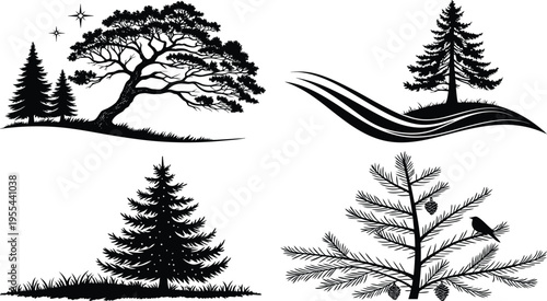 Collection of four black and white tree silhouettes with various landscapes