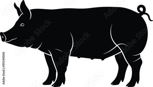 Black silhouette illustration of farm pig sow livestock animal profile with curled tail, pointed ears, and teats isolated