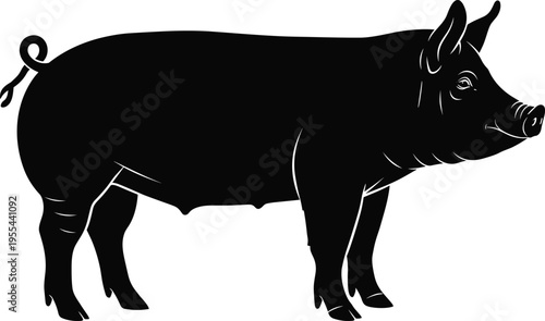 Black silhouette pig illustration with curled tail and snout, farm livestock animal vector graphic for agriculture and design