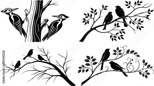 Four woodpeckers perched on tree branches with leaves and berries in a nature scene