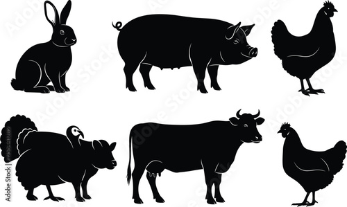 Black silhouette vector illustration of farm animals including cow, pig, sheep, chicken, turkey, rabbit for agriculture design