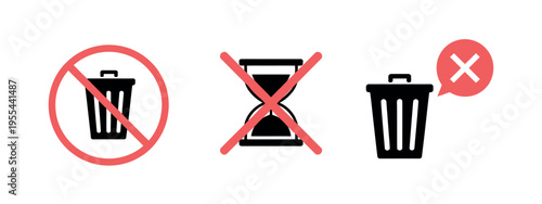 No trash bin icon in flat style showing prohibition, anti-littering symbol, and public area rule, clean vector illustration isolated