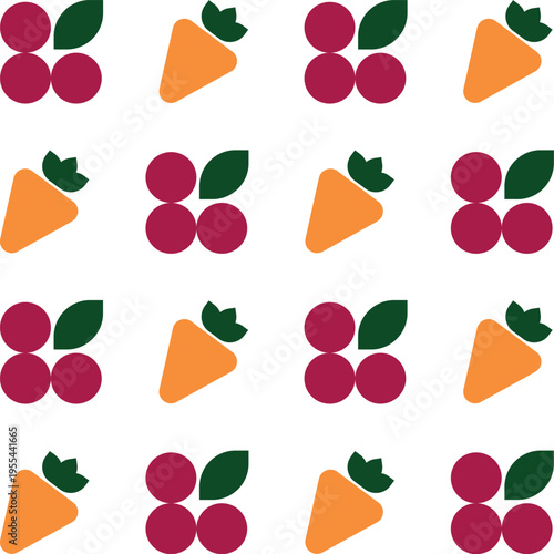 Abstract geometric shapes, modern geometric elements, fruits, leaves, carrots, and berries. (vector)