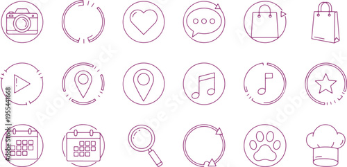 Collection of minimalist icons representing various common functions and themes