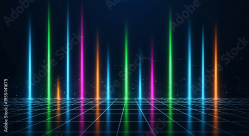 Vibrant neon lights illuminate a dark futuristic grid floor with colorful beams