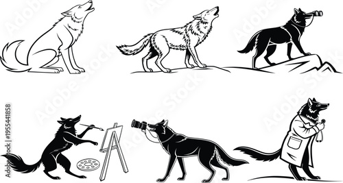 Illustrations of wolves in various poses and actions in black and white