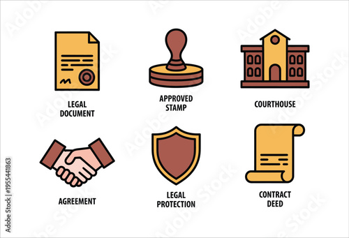 Legal Document and Law Icons Vector Illustration Set with Courthouse Contract Deed Approved Stamp and Agreement Handshake Graphic Design Concept Isolated on White Background EPS