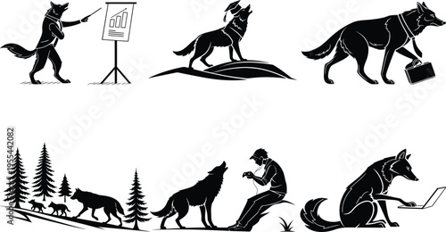 A series of silhouette illustrations depicting a man and wolves engaging in various artistic and literary activities in a forest setting