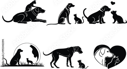 Black silhouettes of dogs and cats in various playful and affectionate poses