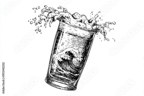 Vintage Engraving Style Beer Mugs and Glasses with Splashing Liquid, Black and White Vector Illustration