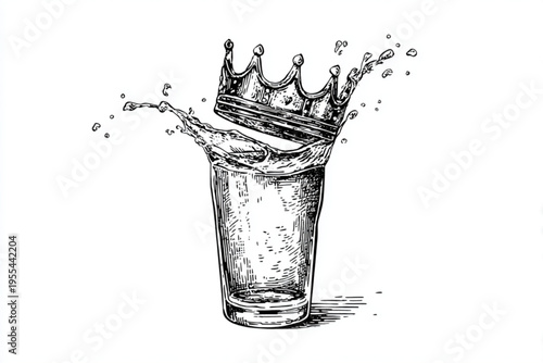 Vintage Engraving Style Beer Mugs and Glasses with Splashing Liquid, Black and White Vector Illustration