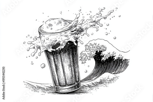 Vintage Engraving Style Beer Mugs and Glasses with Splashing Liquid, Black and White Vector Illustration