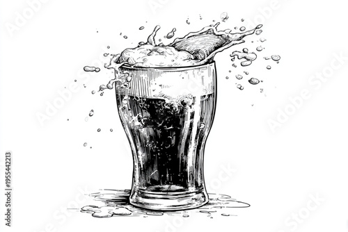 Vintage Engraving Style Beer Mugs and Glasses with Splashing Liquid, Black and White Vector Illustration