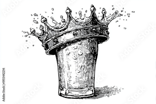 Vintage Engraving Style Beer Mugs and Glasses with Splashing Liquid, Black and White Vector Illustration