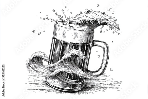 Vintage Engraving Style Beer Mugs and Glasses with Splashing Liquid, Black and White Vector Illustration