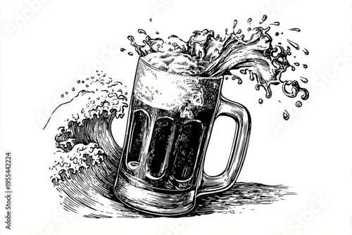 Vintage Engraving Style Beer Mugs and Glasses with Splashing Liquid, Black and White Vector Illustration