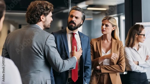 Business team in heated discussion after a failed presentation during an office meeting showcasing blame and conflict among colleagues in a tense corporate atmosphere.