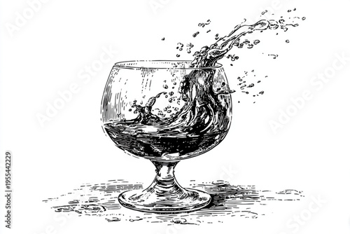 Vintage Engraving Style Beer Mugs and Glasses with Splashing Liquid, Black and White Vector Illustration