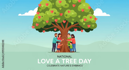Family embraces tree on love a tree day with green landscape background
